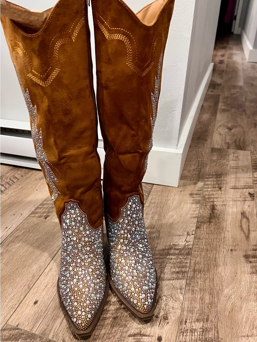 Rhinestone-Studded Over-the-Knee Suede Boots in Brown